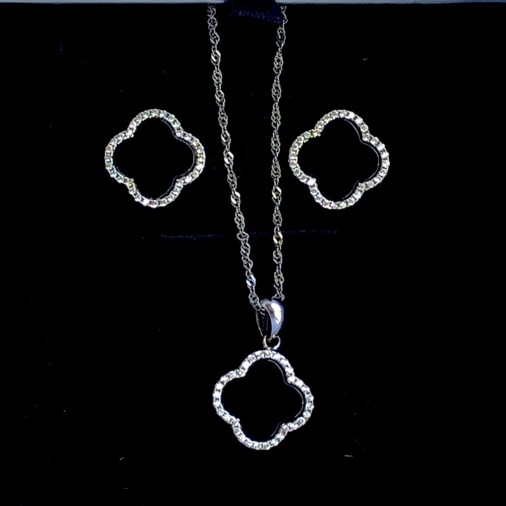 925 Sterling Silver and Clear CZ Clover Design Earrings and Necklace Set